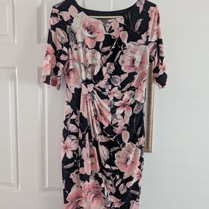 Connected Apparel Pink and Black Floral Midi Dress